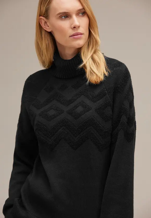 302424- Black Poloneck Jumper with Jacquard Detail- Street One