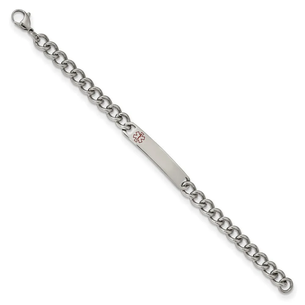 8mm Stainless Steel Red Enamel Medical I.D. Curb Bracelet, 8 Inch