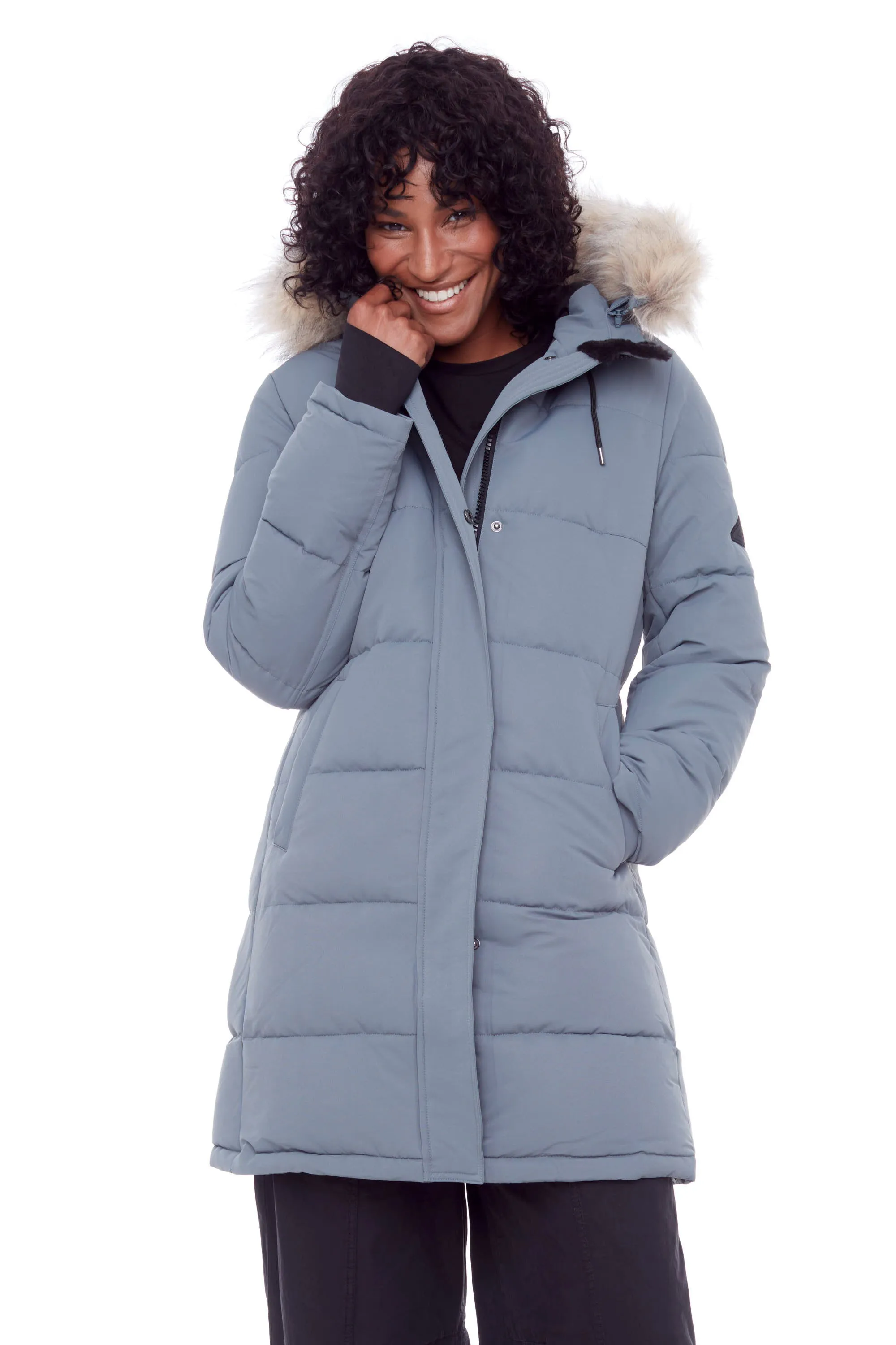 AULAVIK | WOMEN'S VEGAN DOWN (RECYCLED) MID-LENGTH HOODED PARKA COAT, SLATE