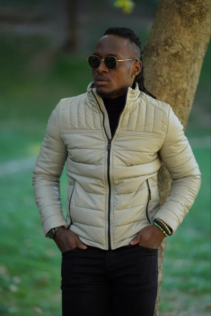 Avion Slim Fit Beige Faux Leather Puffer Jacket