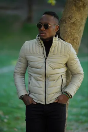 Avion Slim Fit Beige Faux Leather Puffer Jacket