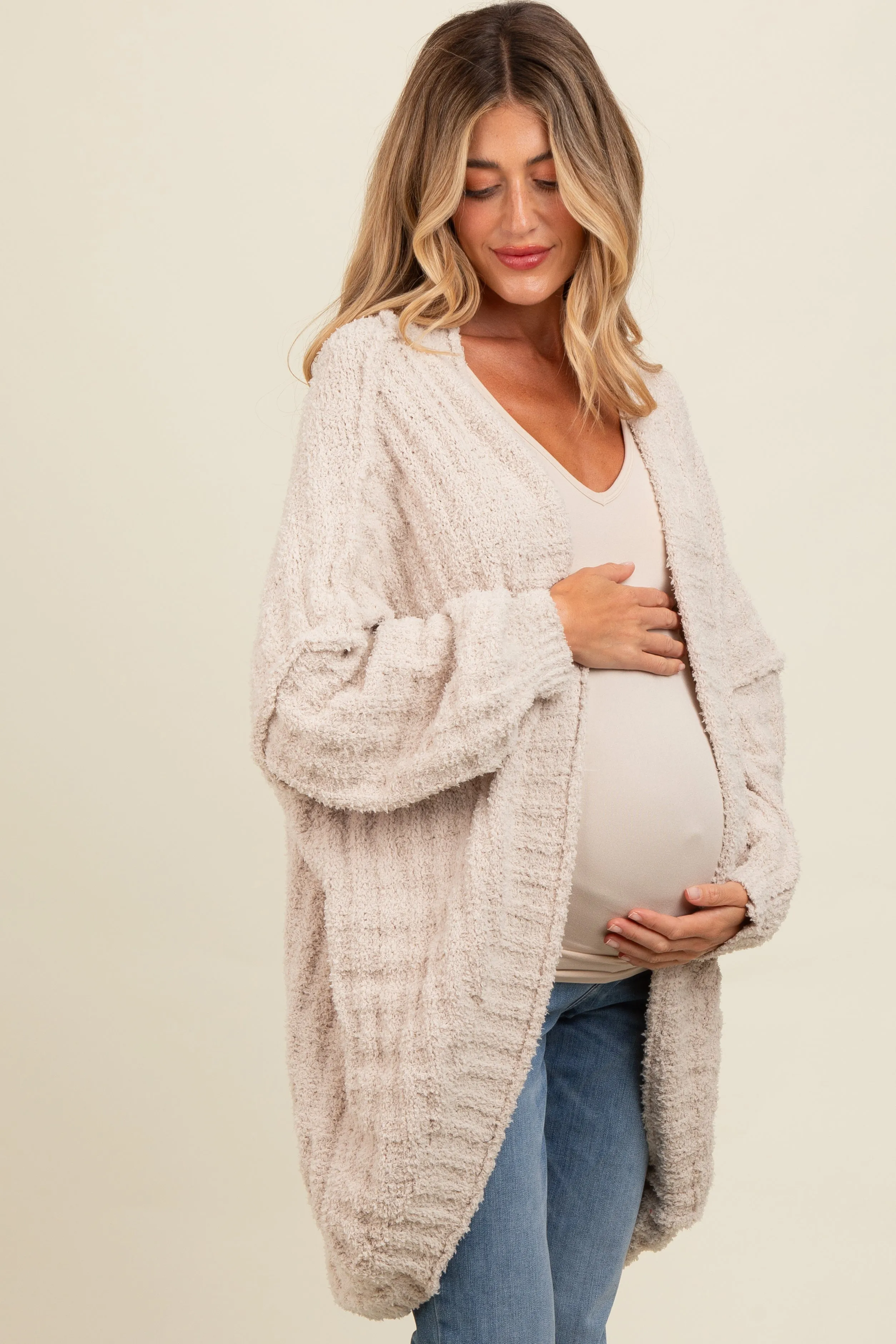 Beige Chunky Knit Dolman Maternity Cardigan