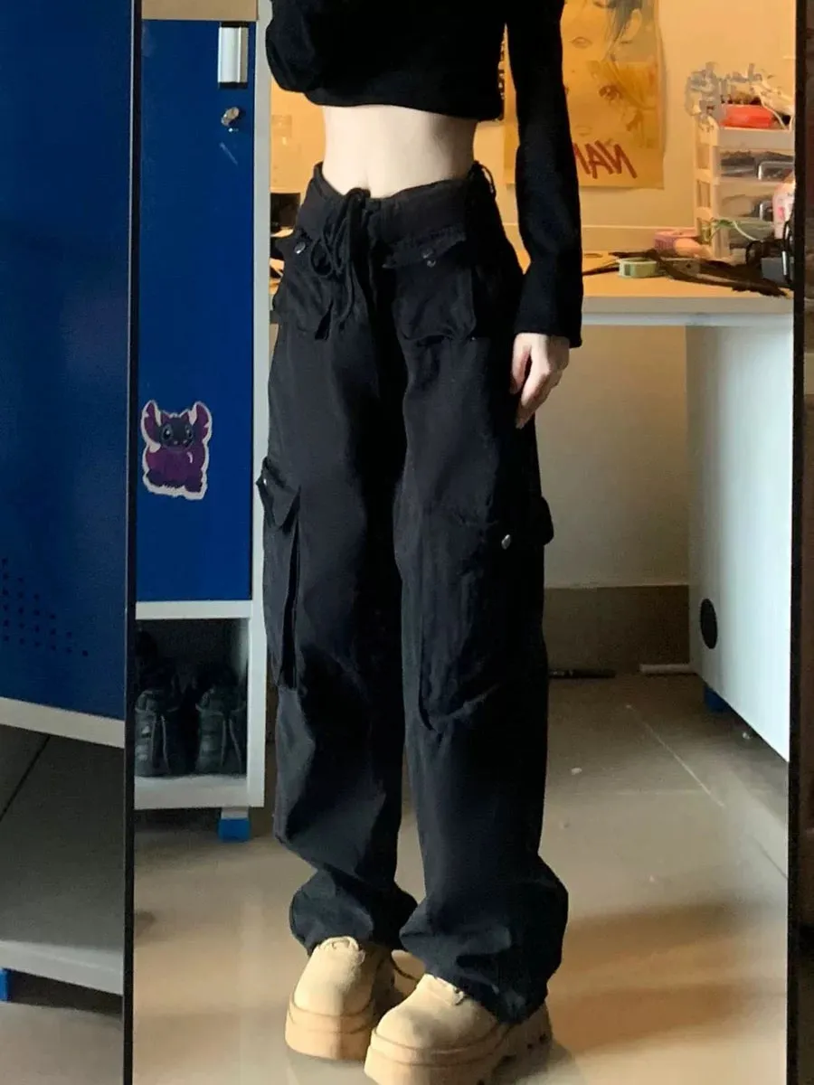 Black high-waist slim work jeans for women in spring American retro all-match straight trousers loose wide-leg pants