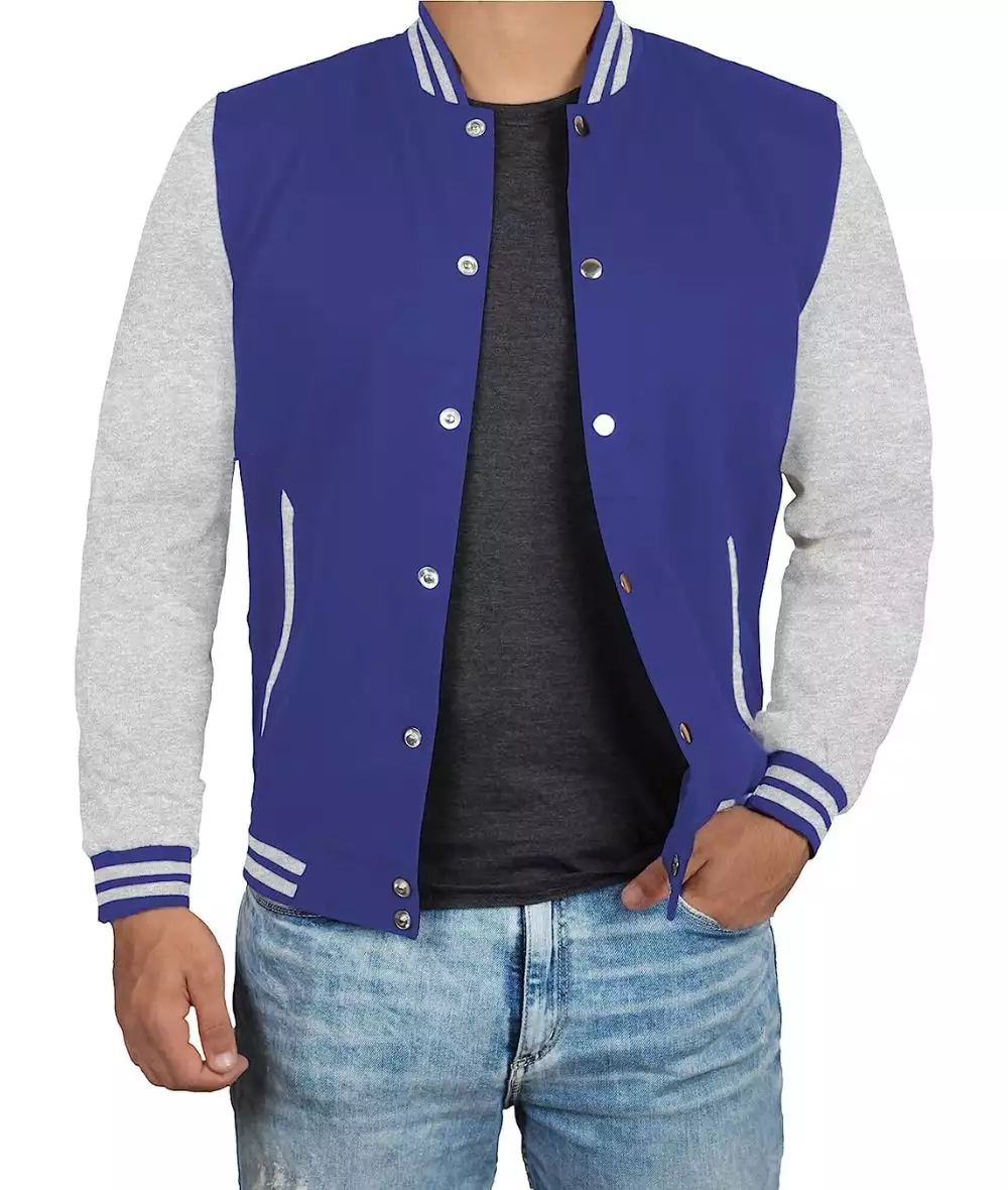 Blue and Grey Varsity Jacket for Men - Baseball Bomber Style