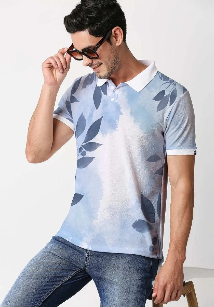 Blue Leaves Printed Polo