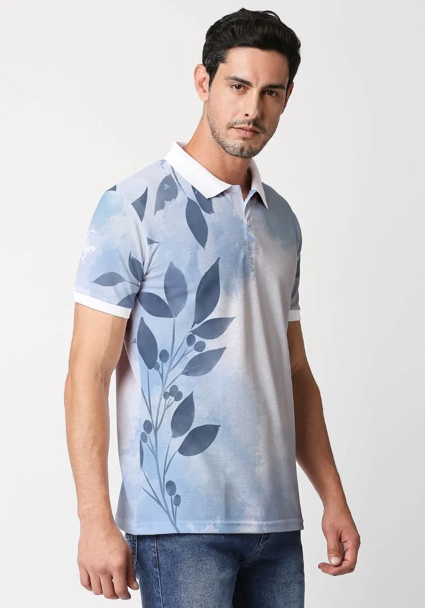 Blue Leaves Printed Polo