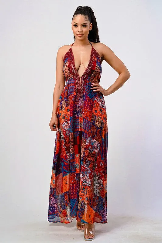 Bohemian Print Sequin Lace Trim Maxi Dress