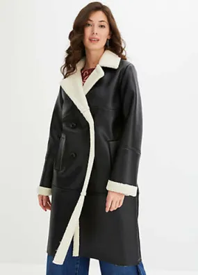 bonprix Faux Leather Double Breasted Coat