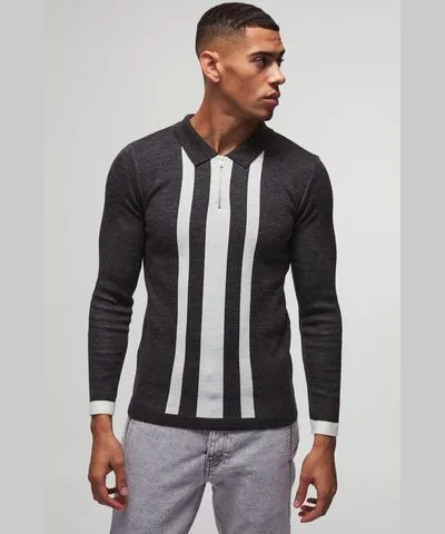 boohoo Mens Long Sleeve Muscle Fit Stripe Knit Polo