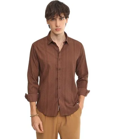 Campus Sutra Men's Chocolate Brown Mesh-Textured Knit Shirt