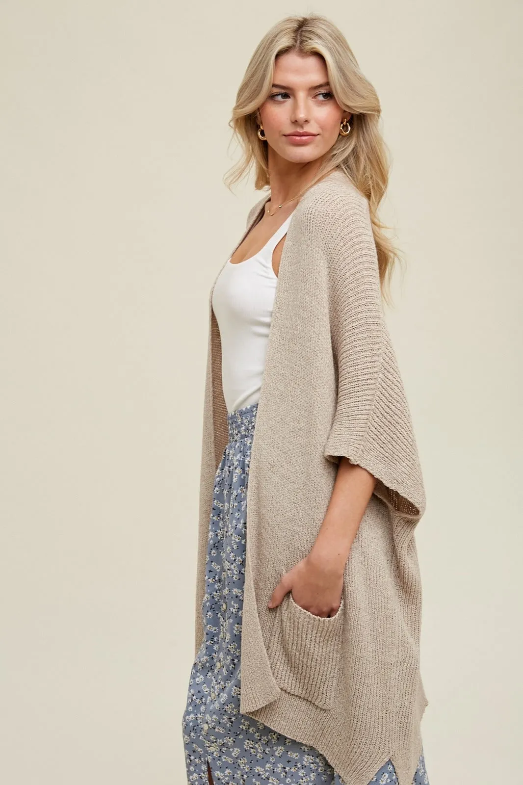 Cream Drop Shoulder Side Pocket 3/4 Sleeve Cardigan