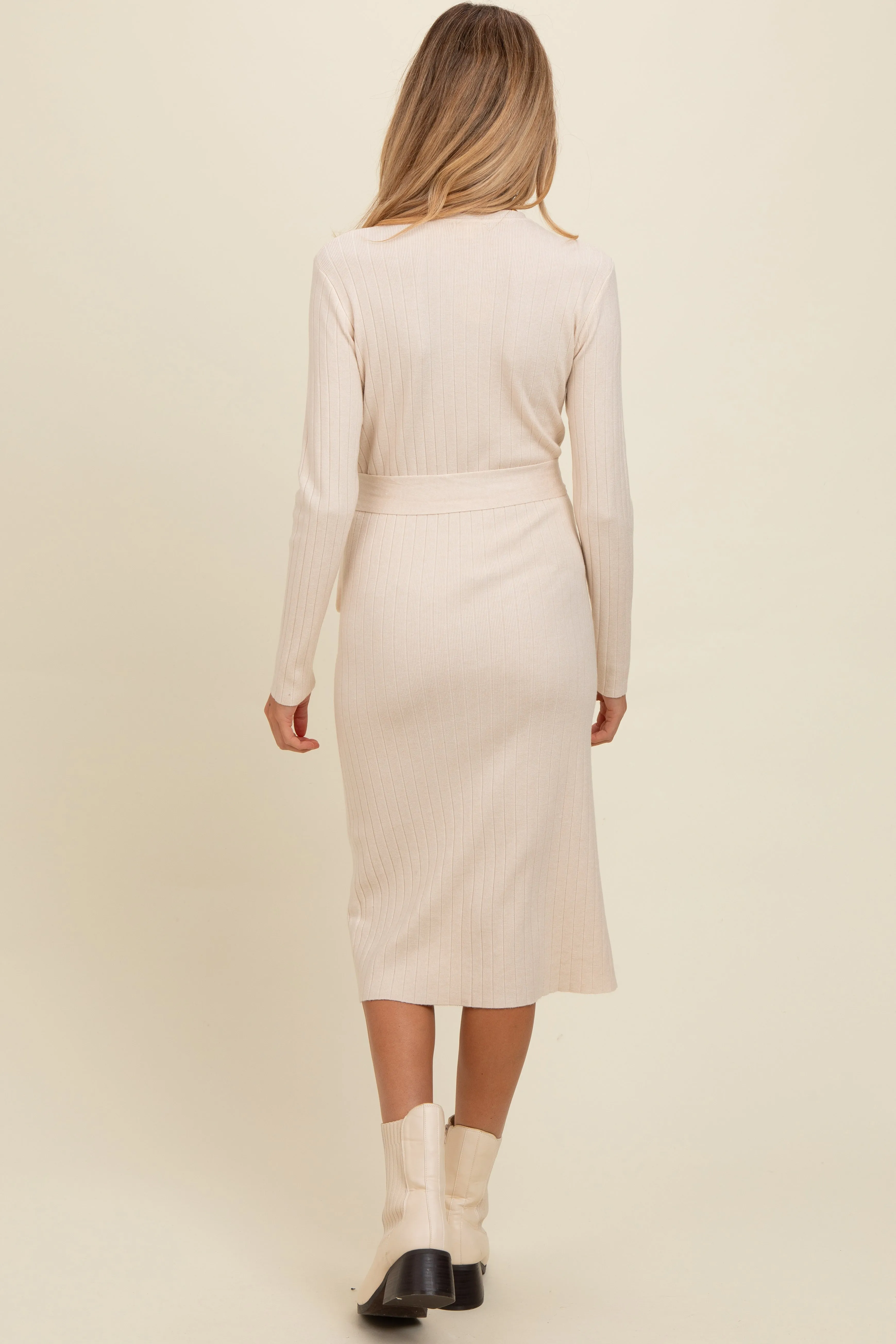 Cream Ribbed Sash Tie Maternity Midi Sweater Dress