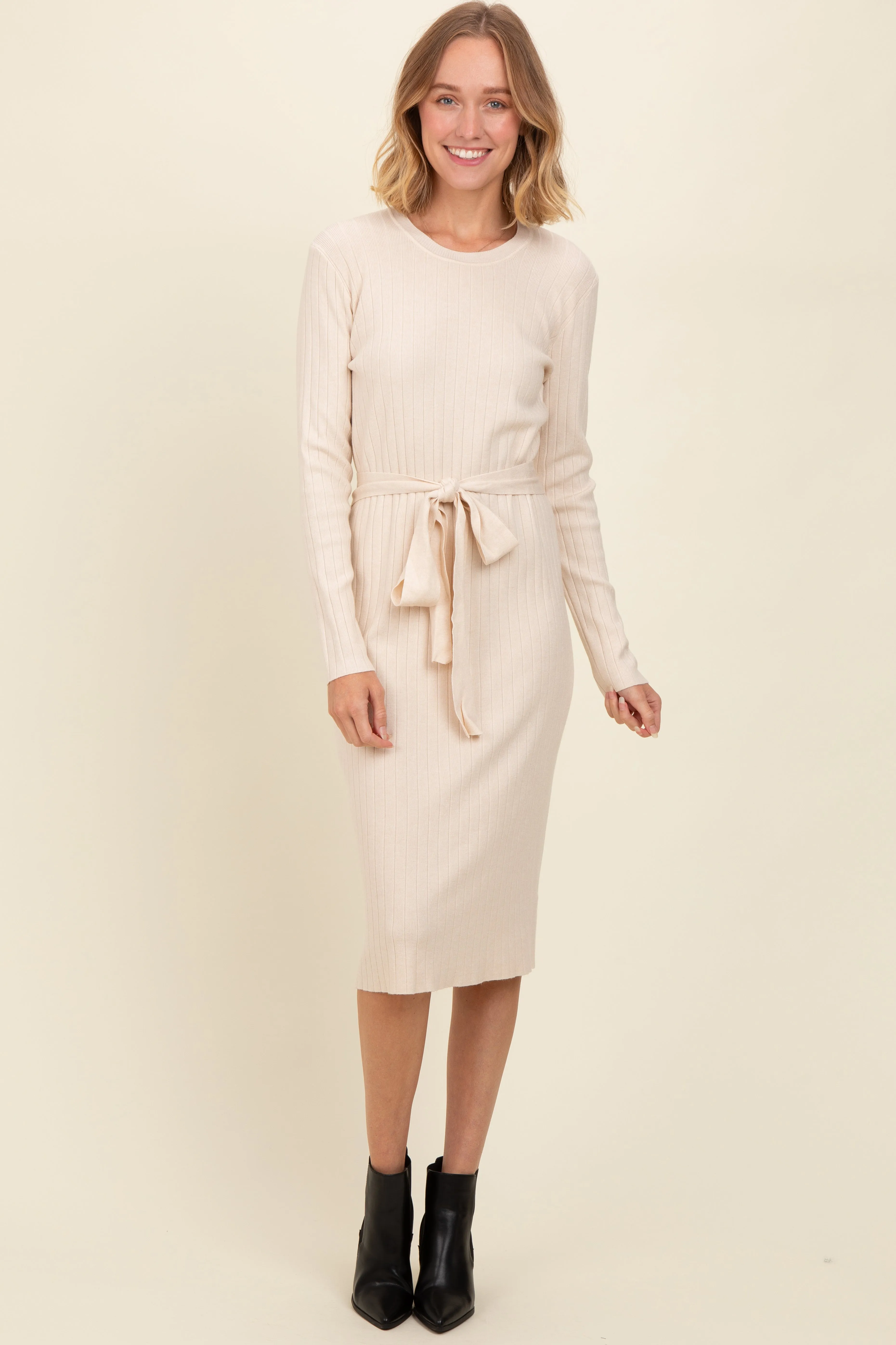 Cream Ribbed Sash Tie Maternity Midi Sweater Dress