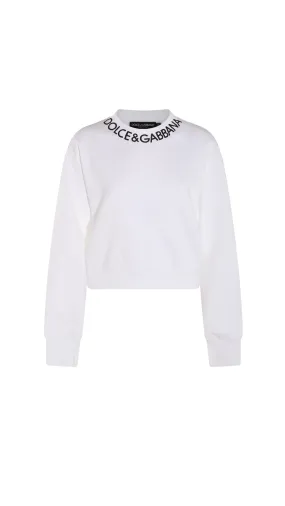 Cropped Jersey Sweatshirt With Logo Embroidery On Neck - White