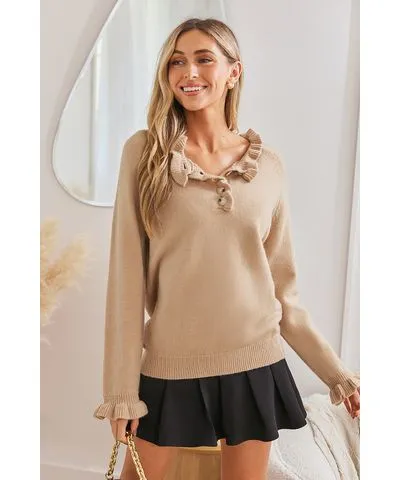 Cupshe Khaki Long Sleeve Ruffled Knit Top