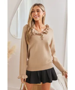 Cupshe Khaki Long Sleeve Ruffled Knit Top