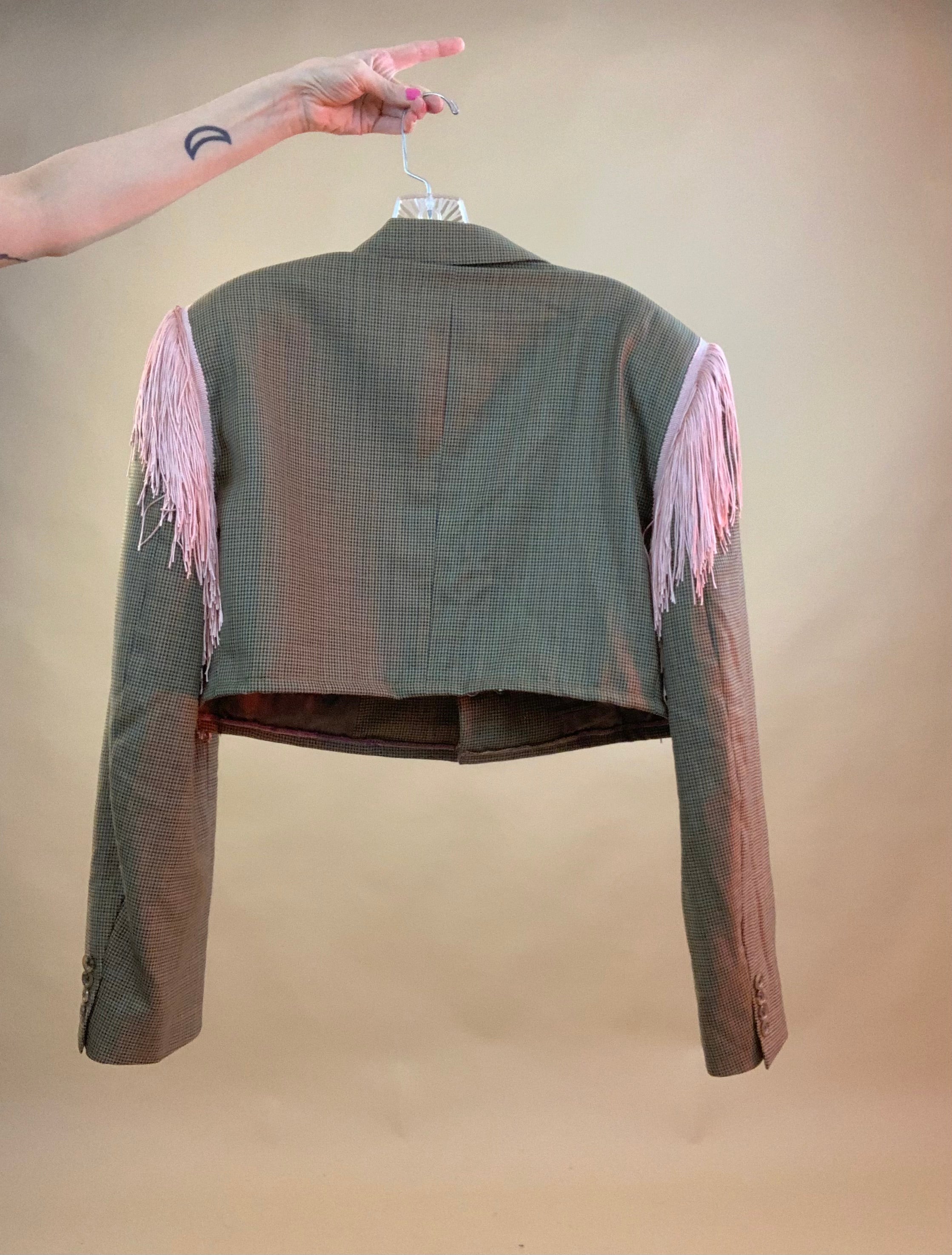 Custom cropped fringe safety pin blazer