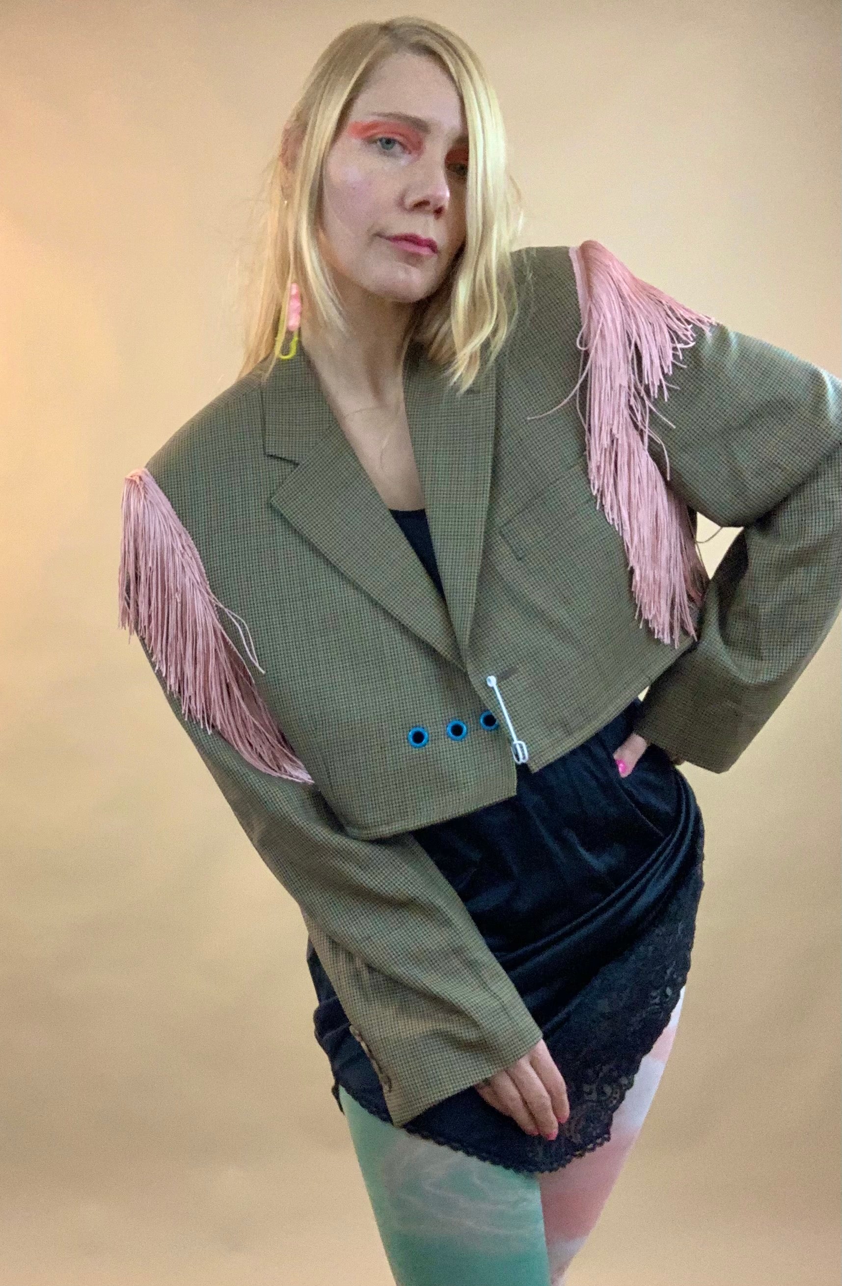 Custom cropped fringe safety pin blazer