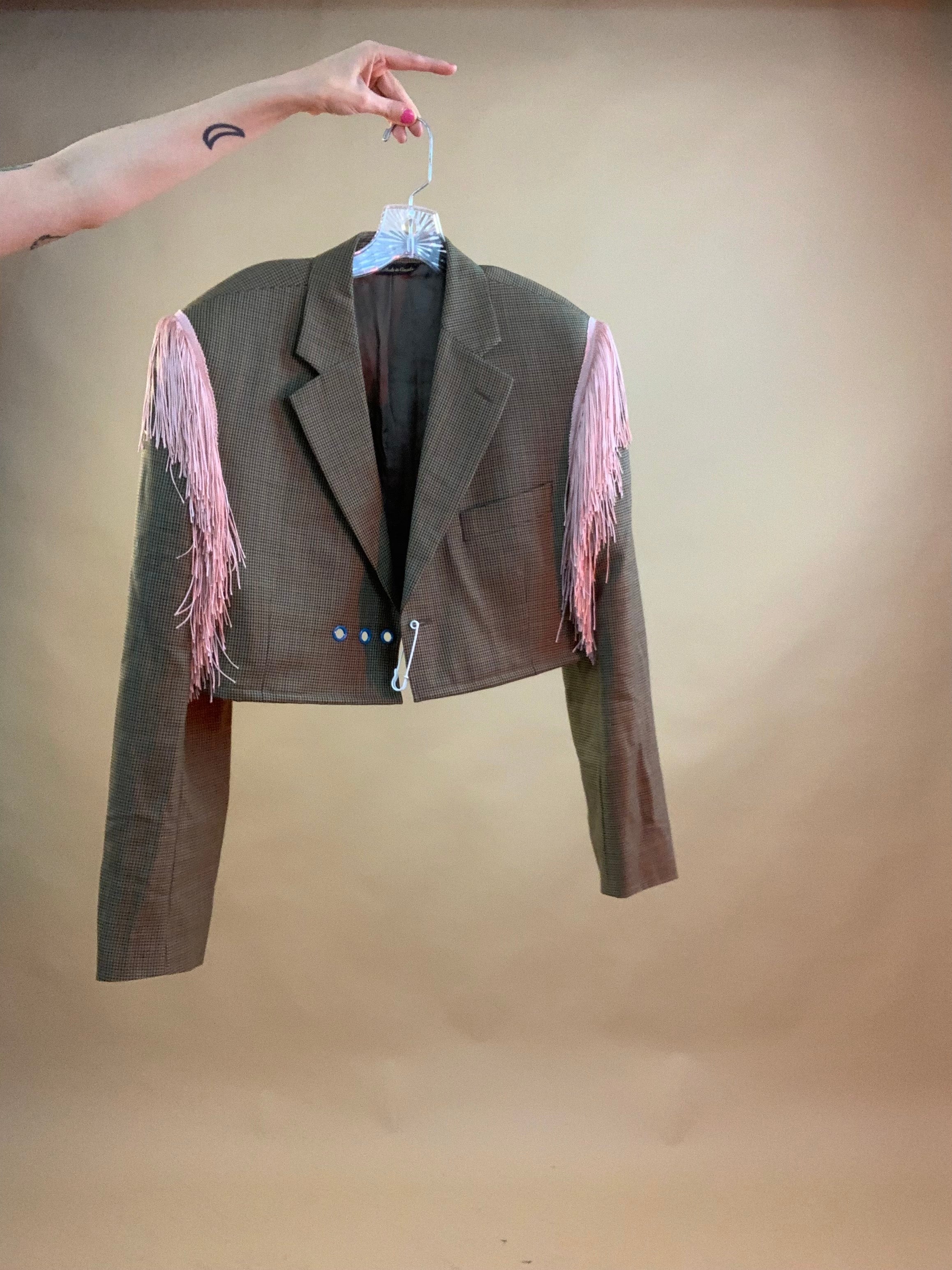 Custom cropped fringe safety pin blazer