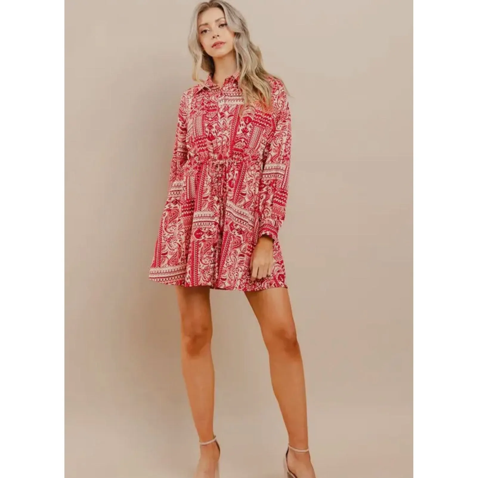 Dana Red Printed Longsleeve TCEC Dress