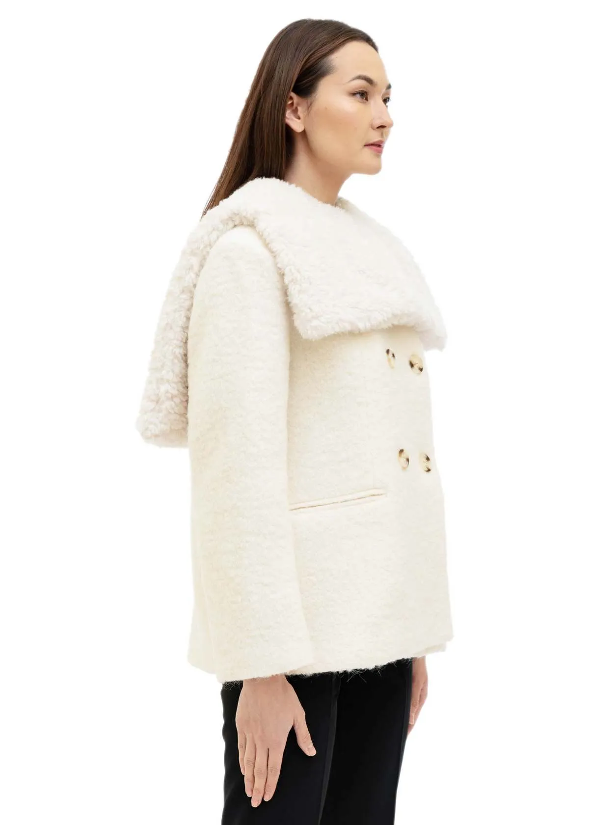 Detachable Shearling Collar Short Coat - White