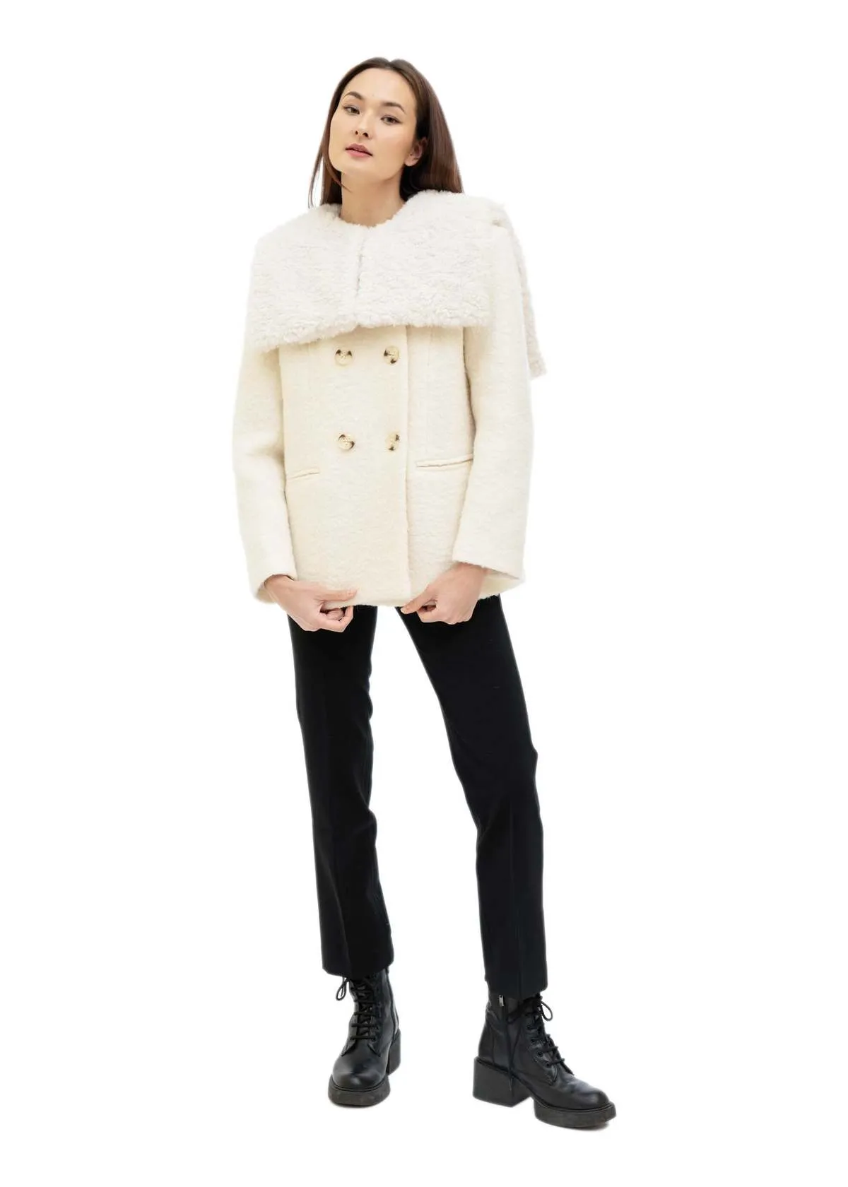 Detachable Shearling Collar Short Coat - White