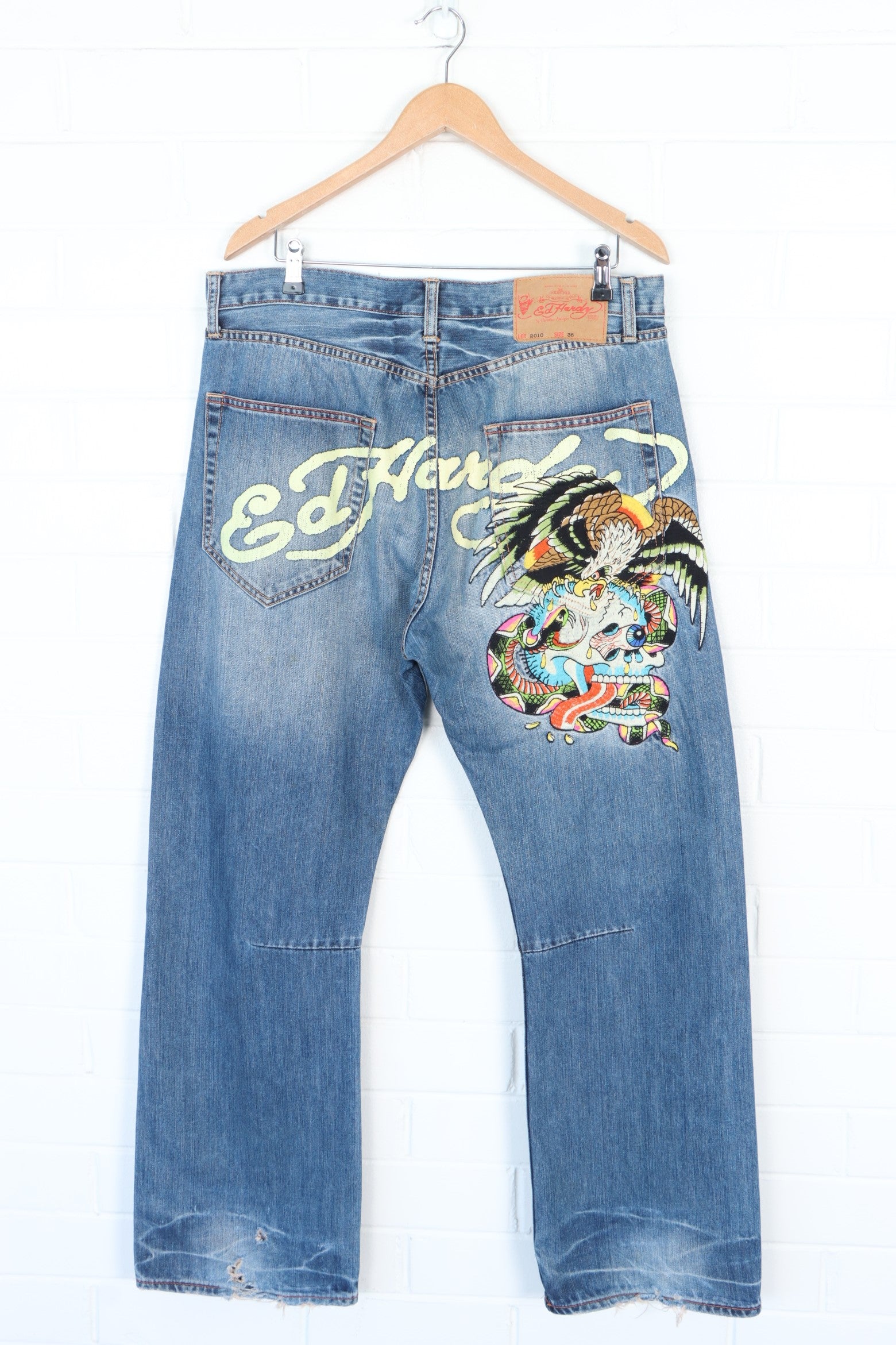 ED HARDY Christian Audigier Y2K Skull Eagle Snake Distressed Jeans (36)