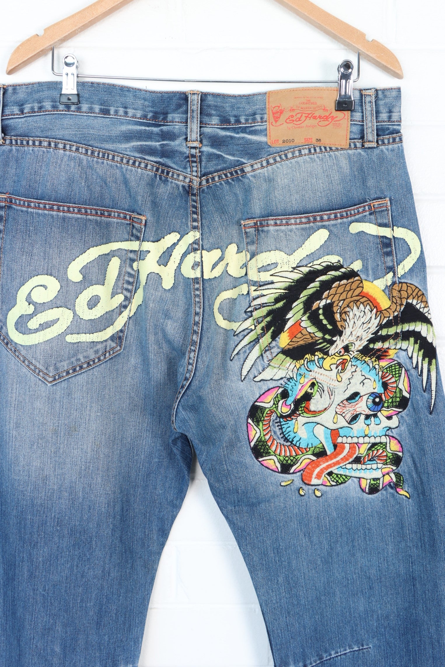 ED HARDY Christian Audigier Y2K Skull Eagle Snake Distressed Jeans (36)