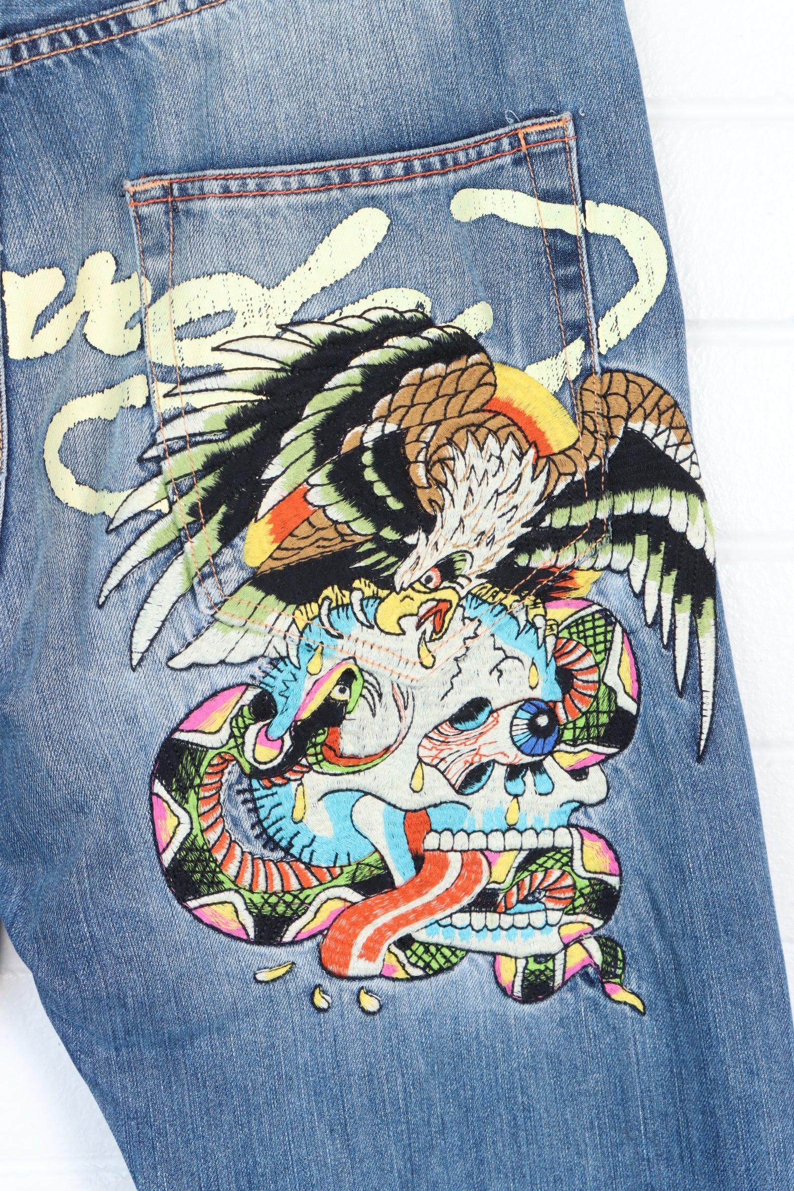 ED HARDY Christian Audigier Y2K Skull Eagle Snake Distressed Jeans (36)