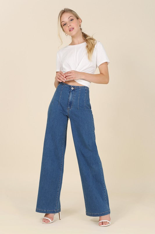 Flared High Waist Pin Tuck Jeans