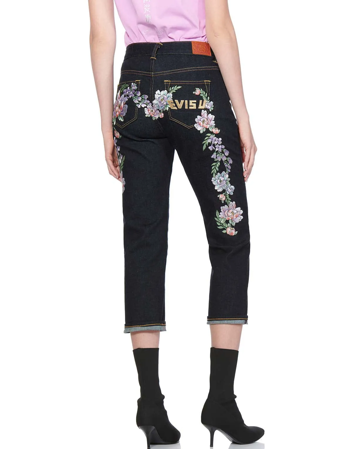 Floral Daicock and Logo Embroidered Straight-legged Jeans