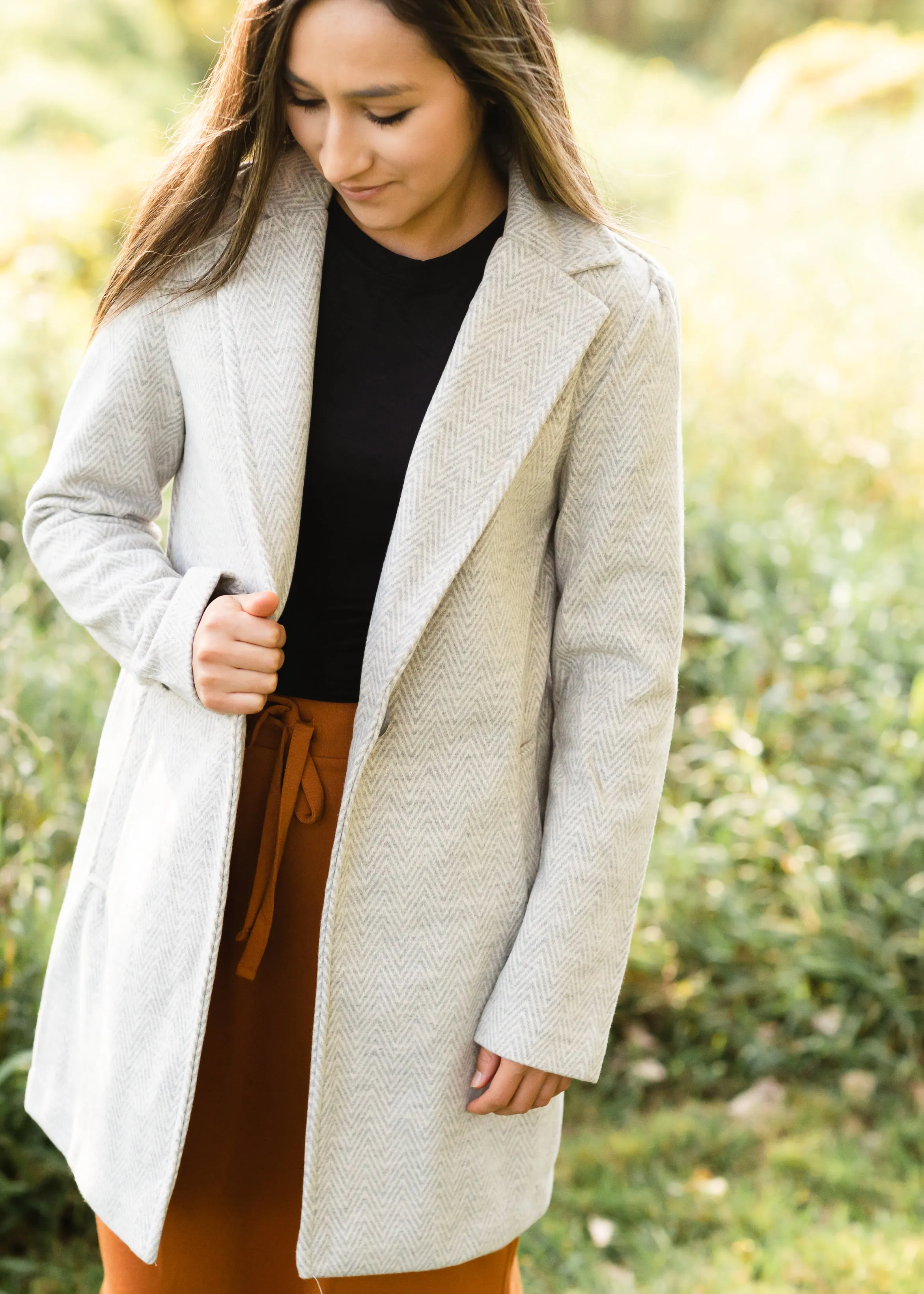 Gray Collared Herringbone Coat