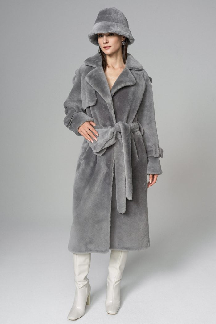 Gray Genuine Lamb Fur Overcoat with Fanny Pack