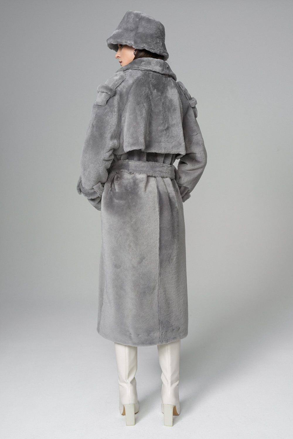 Gray Genuine Lamb Fur Overcoat with Fanny Pack