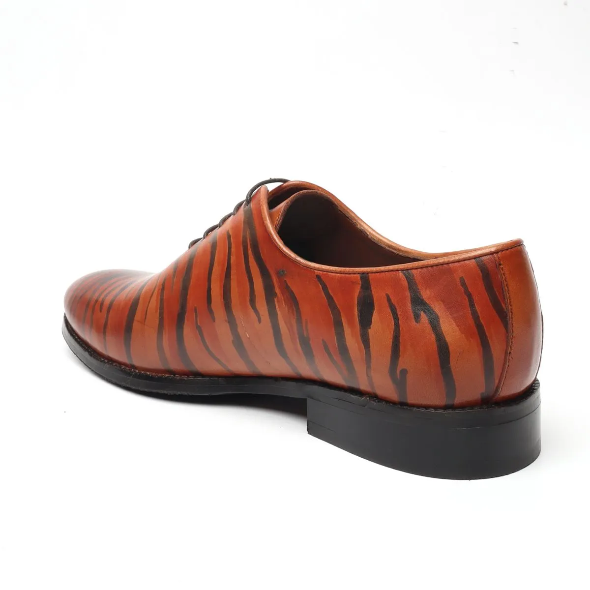 Hand Painted Tribal Tiger Styled Single Piece Tan Leather Oxfords Shoes by Brune & Bareskin