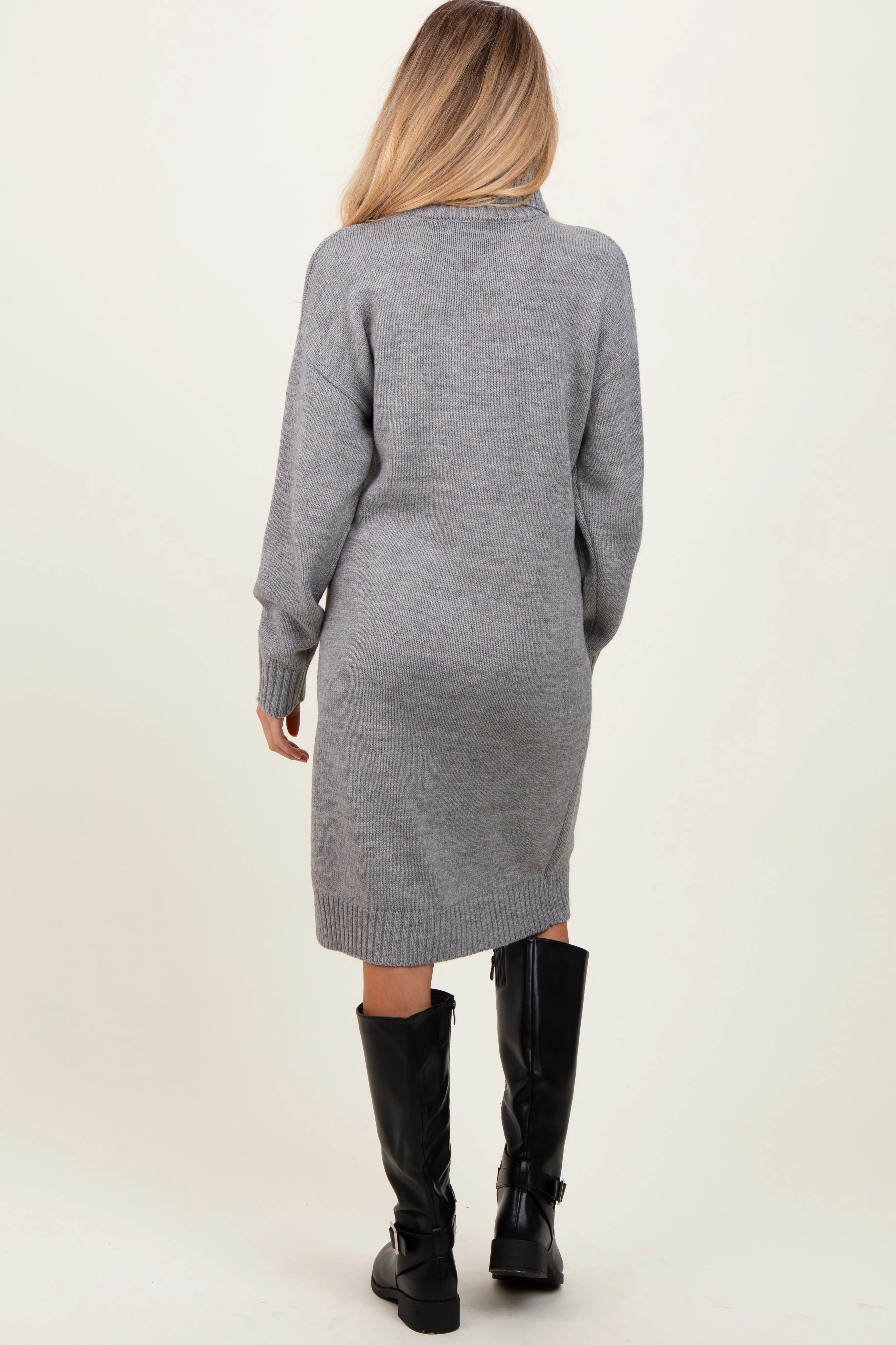 Heather Grey Turtleneck Side Slit Maternity Midi Sweater Dress