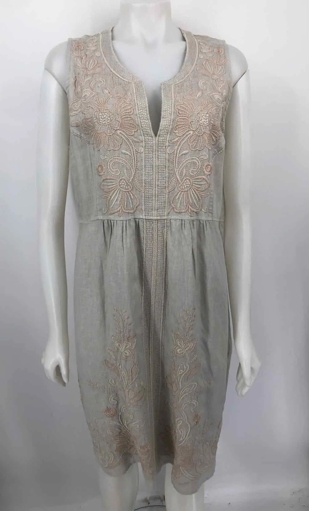 JOHNNY WAS Beige Ivory Linen Embroidered Sleeveless Size LARGE  (L) Dress