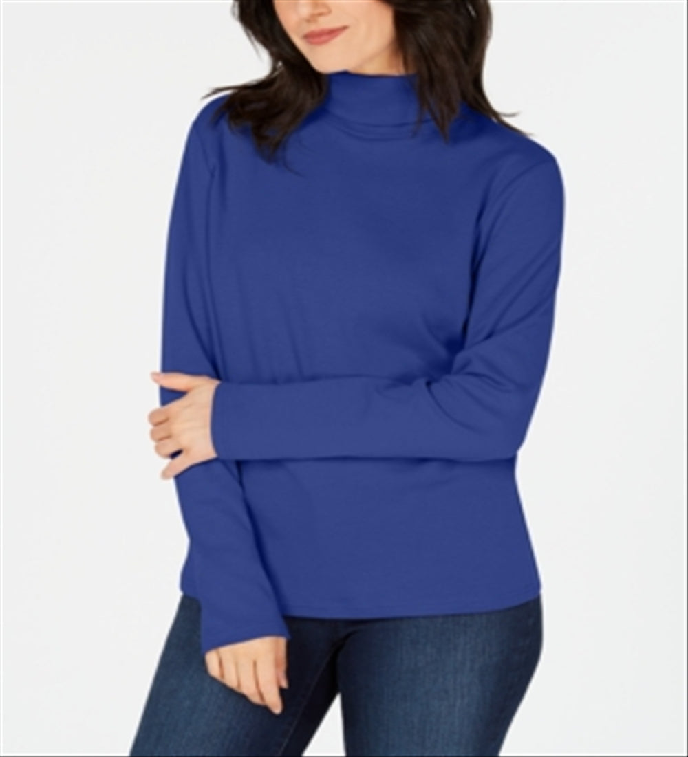 Karen Scott Women's Long Sleeve Cotton Turtleneck Pullover Top Blue Size Medium