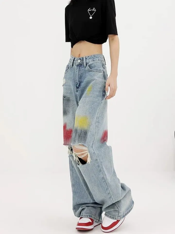 KEN STUDIO summer graffiti blue washed hole jeans women's wide-leg pants floor-length pants straight-leg pants