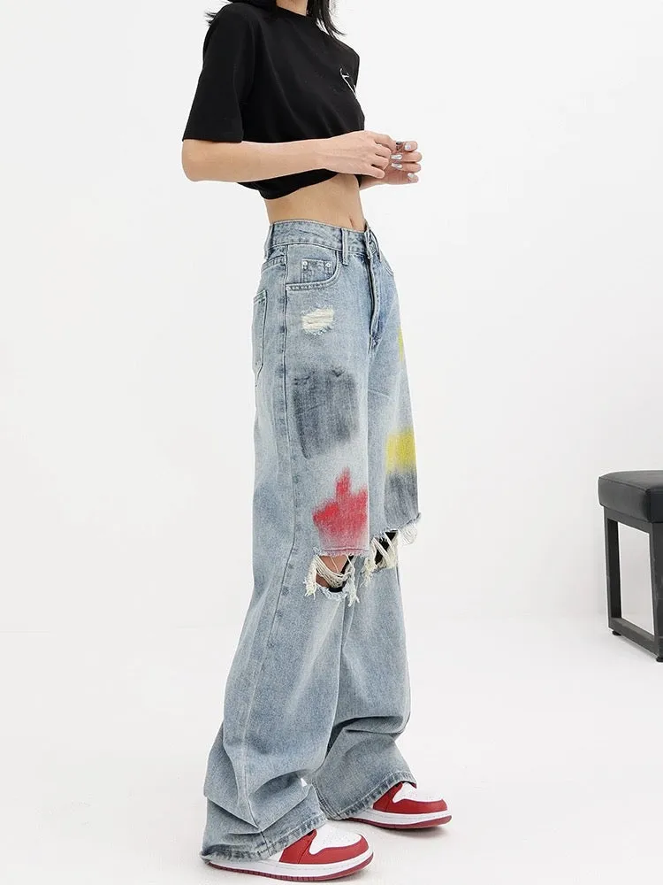 KEN STUDIO summer graffiti blue washed hole jeans women's wide-leg pants floor-length pants straight-leg pants