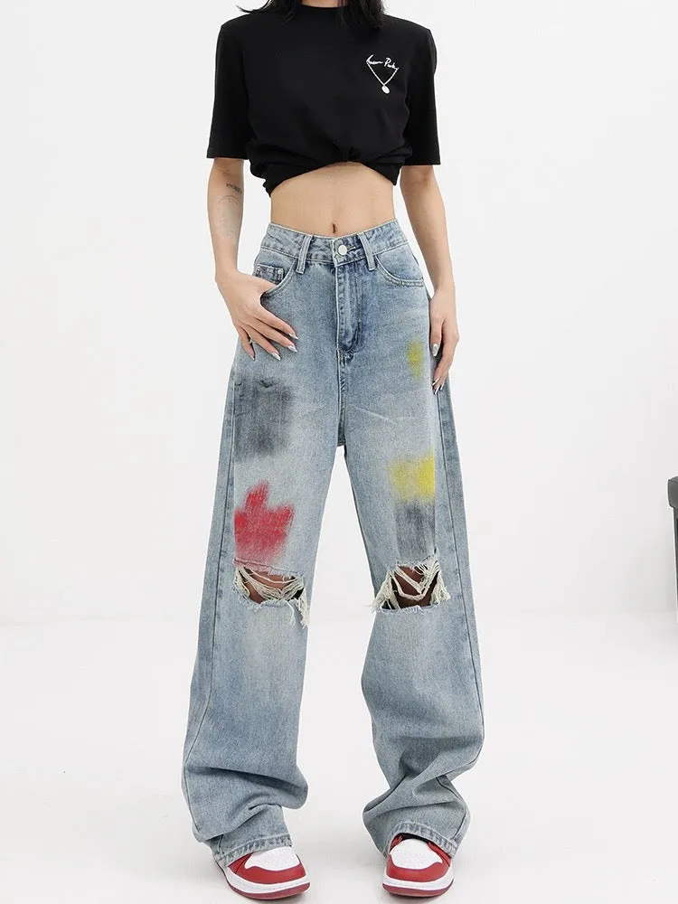 KEN STUDIO summer graffiti blue washed hole jeans women's wide-leg pants floor-length pants straight-leg pants