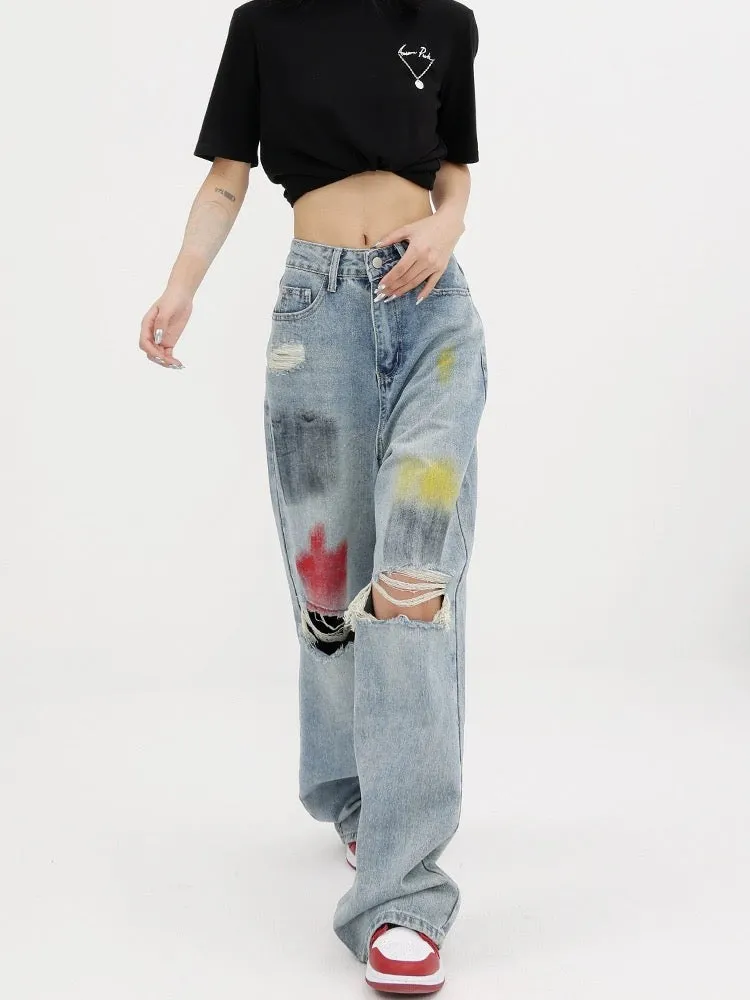 KEN STUDIO summer graffiti blue washed hole jeans women's wide-leg pants floor-length pants straight-leg pants