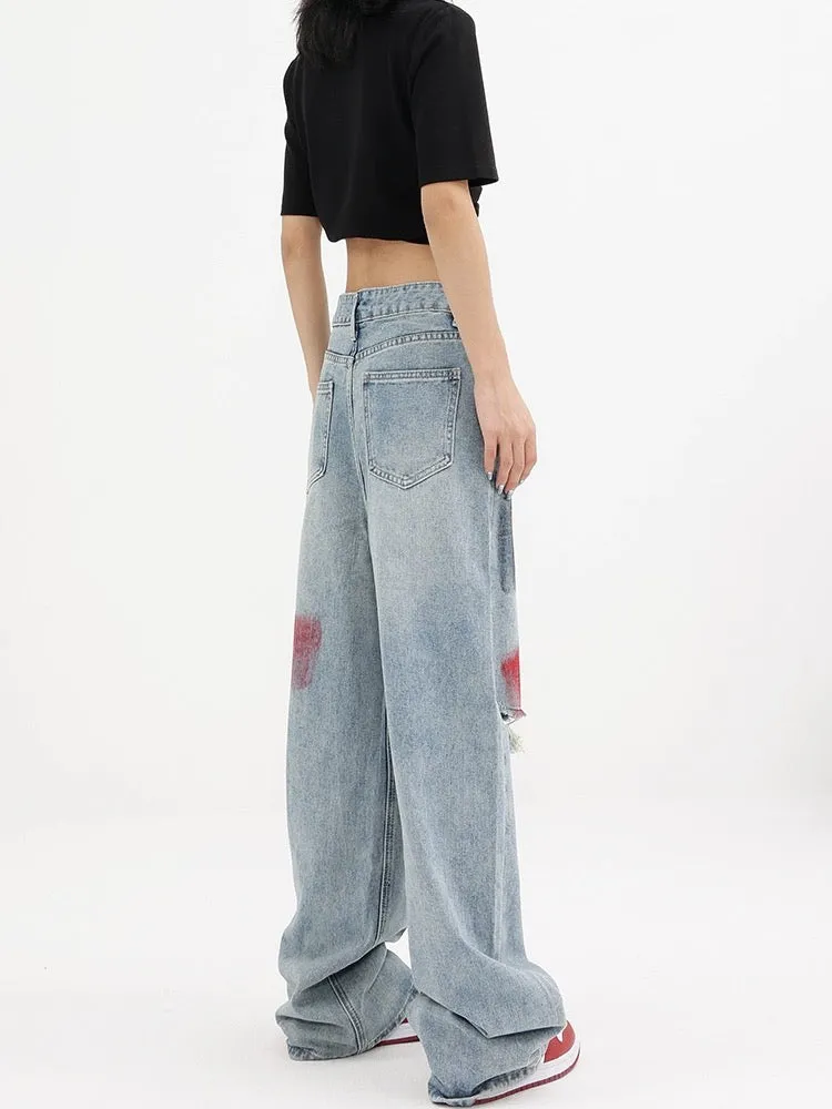 KEN STUDIO summer graffiti blue washed hole jeans women's wide-leg pants floor-length pants straight-leg pants