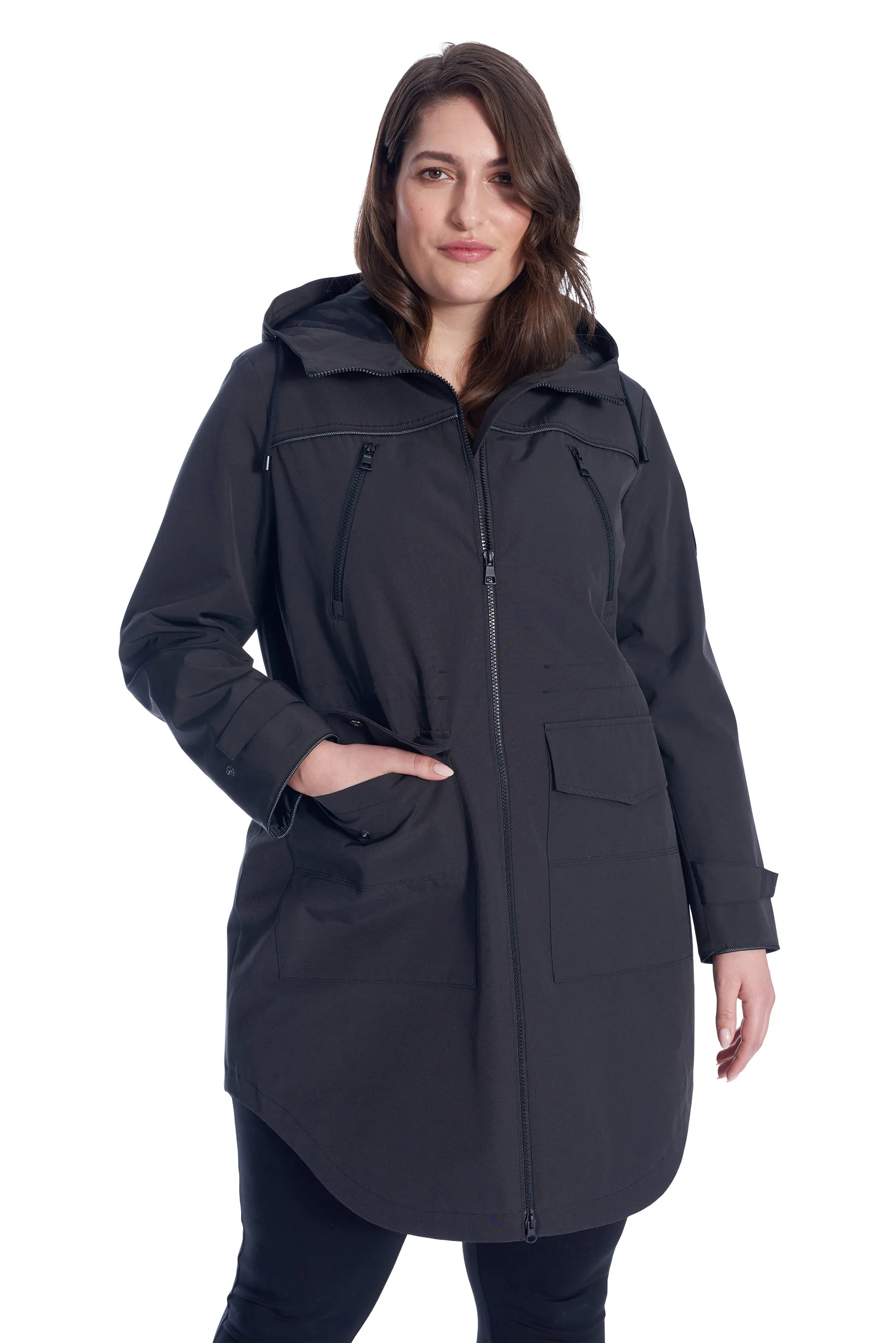 KUSAWA PLUS | WOMEN'S DRAWSTRING RAINCOAT, PEWTER (PLUS SIZE)