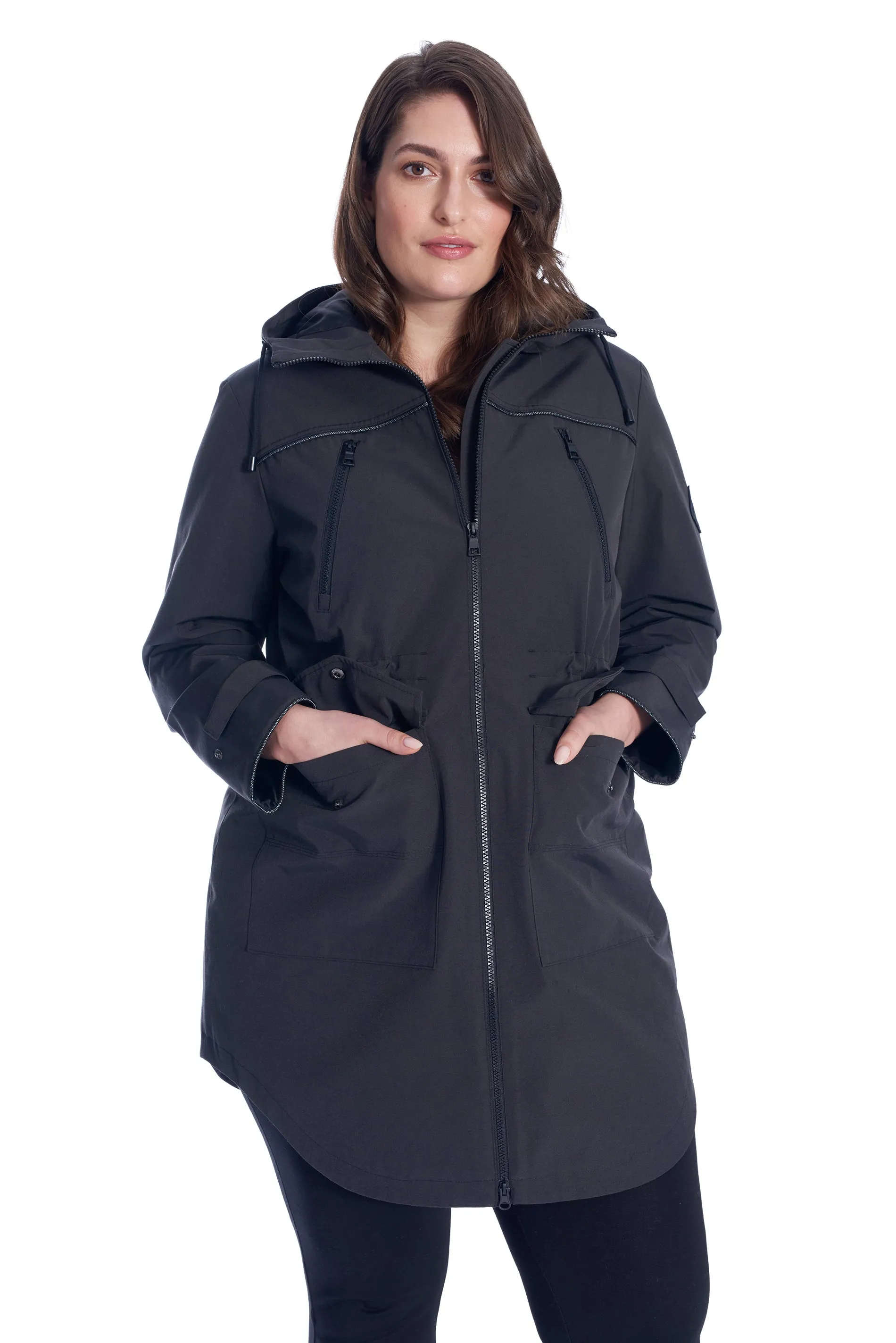 KUSAWA PLUS | WOMEN'S DRAWSTRING RAINCOAT, PEWTER (PLUS SIZE)