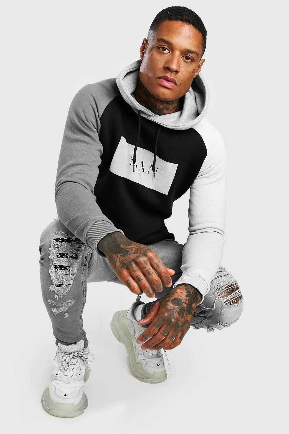 Man Roman Flock Print Raglan Hoodie | boohooMAN UK