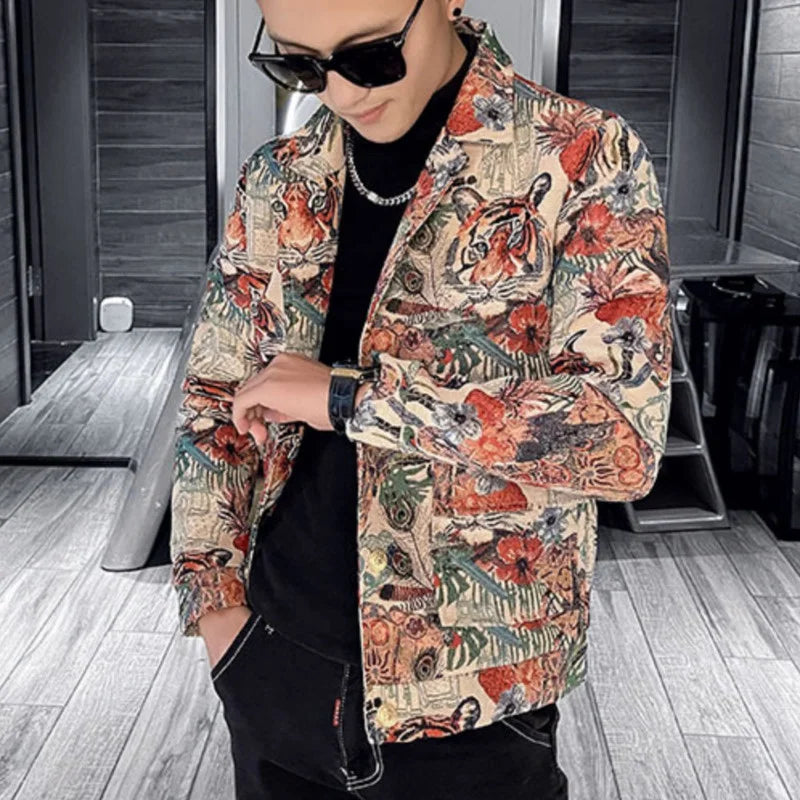 Men's Fashion Tiger Printed Single-Breasted Business Casual Lapel Blazer