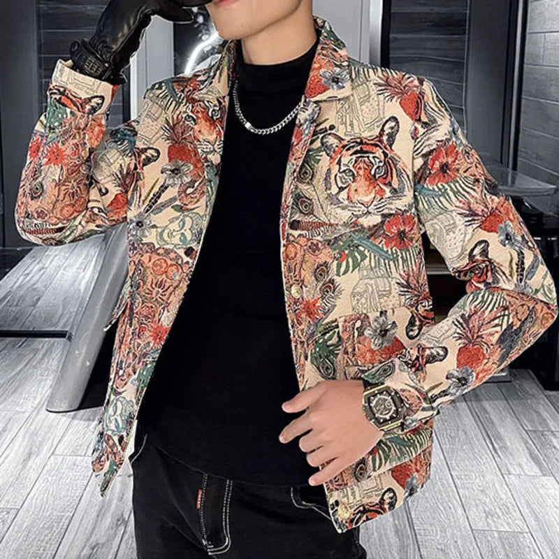 Men's Fashion Tiger Printed Single-Breasted Business Casual Lapel Blazer