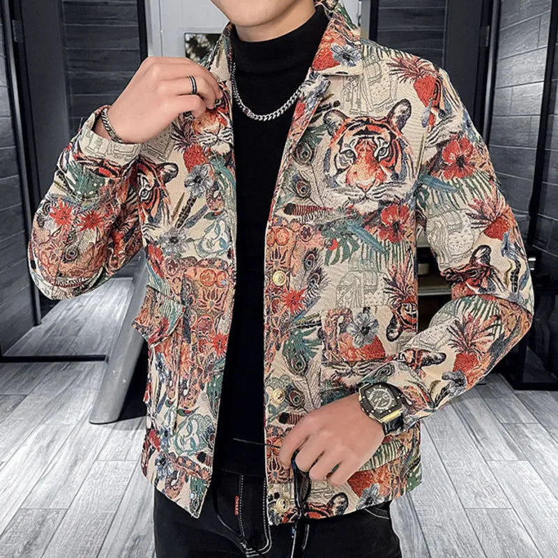 Men's Fashion Tiger Printed Single-Breasted Business Casual Lapel Blazer