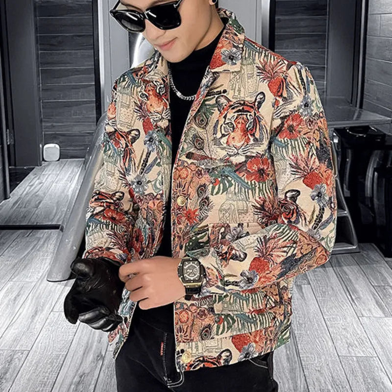 Men's Fashion Tiger Printed Single-Breasted Business Casual Lapel Blazer